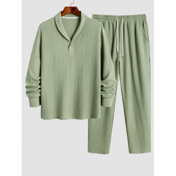 ZAFUL Men's Men's Crinkle Textured Solid Color Collared Button Long Sleeves Casual Pullover Shirt and Basic Pants Set Light green