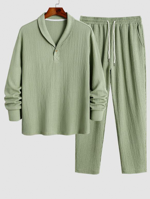 ZAFUL Men's Men's Crinkle Textured Solid Color Collared Button Long Sleeves Casual Pullover Shirt and Basic Pants Set Light green