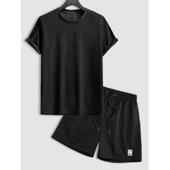 ZAFUL Men's Men's Solid Color Jacquard Towel Cloth Short Sleeves T-shirt and Casual Label Design Drawstring Shorts Set Black