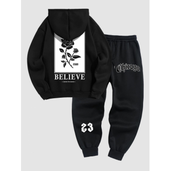 ZAFUL Men's Men's Fleece-lined Tracksuit BELIEVE Rose Pattern Kangaroo Pocket Pullover Hoodie Chicago Jogger Sweatpants Two Piece Set Black