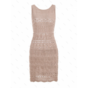 Women's Eyelet Openwork See Through Sleeveless Sheath Mini Crochet Knitted Beach Cover Up Dress S Light coffee