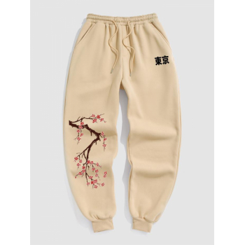 ZAFUL Men's Men's Plum Blossom Japanese Printed Fleece-lined Drawstring Jogger Pants L Light coffee