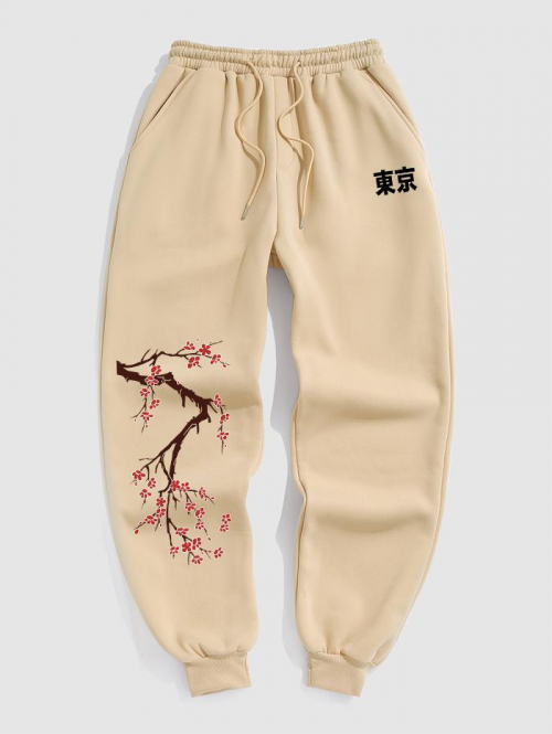 ZAFUL Men's Men's Plum Blossom Japanese Printed Fleece-lined Drawstring Jogger Pants L Light coffee