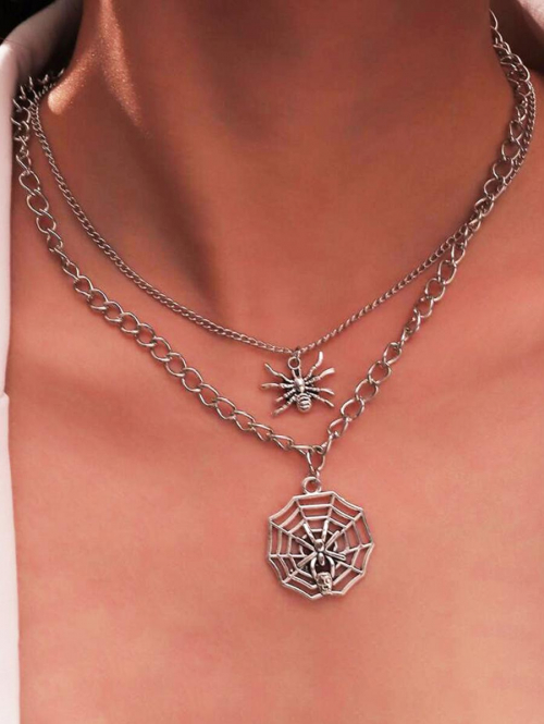 2Pcs Spiders Web Halloween Pendant Necklace Set For Women