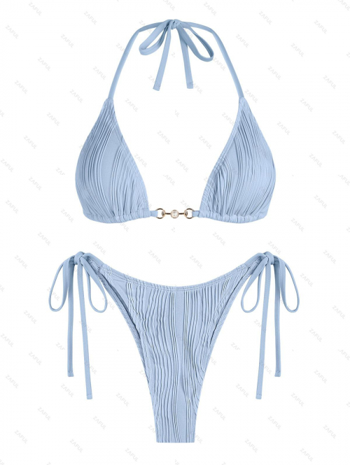 ZAFUL Women's Sexy Solid Color Textured Triangle Halter Tie Faux Pearl Metal Decorated Tanga String Two Piece Bikini Swimwear M Light blue