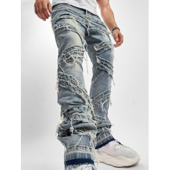 ZAFUL Men's Men's Streetwear Style Distressed Frayed Tassel Design Zip Fly Straight Leg Jeans M Light blue