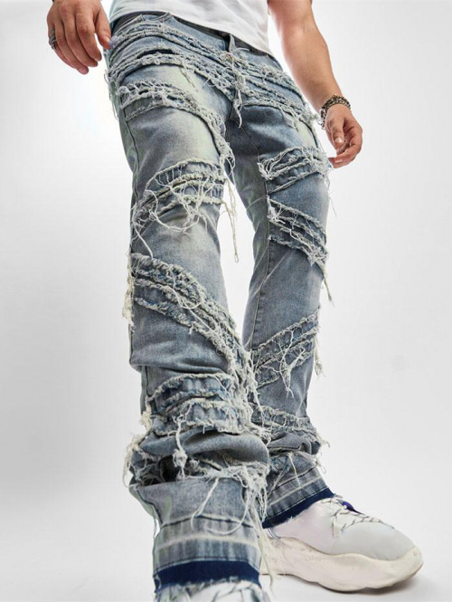 ZAFUL Men's Men's Streetwear Style Distressed Frayed Tassel Design Zip Fly Straight Leg Jeans M Light blue