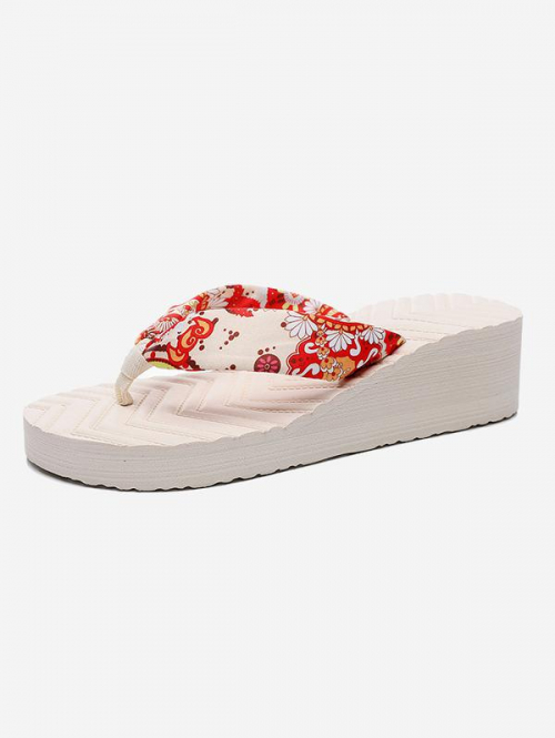 Women Beach Vacation Printed Boho Style Wedge Heeled Platform Flip Flops