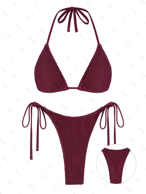 ZAFUL Women's Solid Color Matching Two Piece Swimwear Wheat Textured Halter Tie Triangle Tanga Thong Bikini Set S Deep red