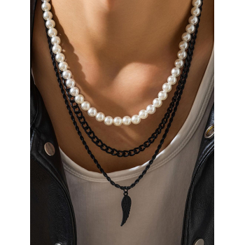 Men's 3Pcs Faux Fur Chain Feather Pendant Layered Necklaces