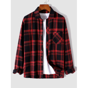 ZAFUL Men's Men's Casual Plaid Striped Pattern Button Up Front Pocket Design Long Sleeves Shirt L Red wine