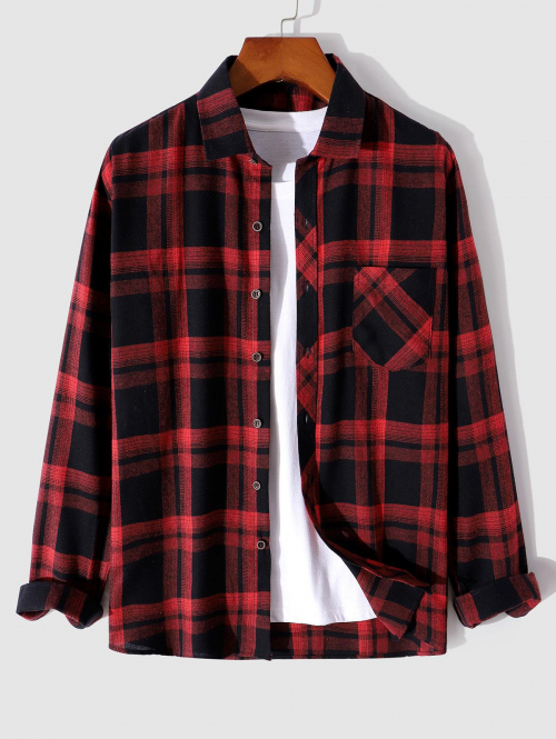 ZAFUL Men's Men's Casual Plaid Striped Pattern Button Up Front Pocket Design Long Sleeves Shirt L Red wine