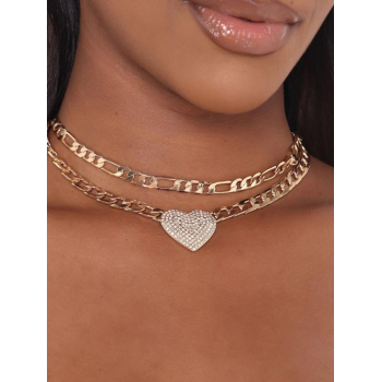 Women's Rhinestone Decor Heart Double-layers Chunky Choker Necklace For Women