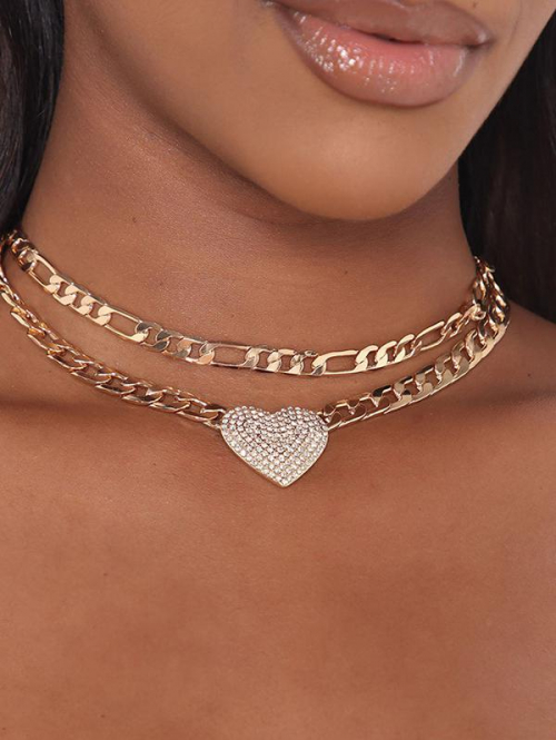 Women's Rhinestone Decor Heart Double-layers Chunky Choker Necklace For Women