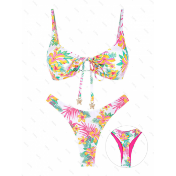 ZAFUL Women's Tied Cinched Design Floral Print Butterfly Shaped Metal Decor High Leg Thong Reversible Two Piece Swimwear Bikini Set L Light pink