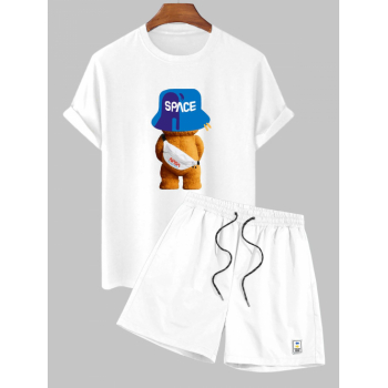 ZAFUL Men's Men's Cartoon Space Bear Pattern Short Sleeves Crew Neck T-shirt and Basic Label Design Solid Color Drawstring Shorts Set White