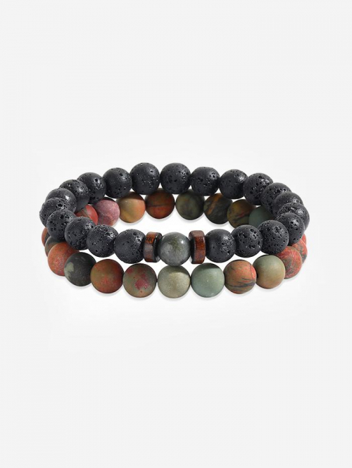 Men's 2PCs Natural Lava Rock Stone Beads Strand Bracelets