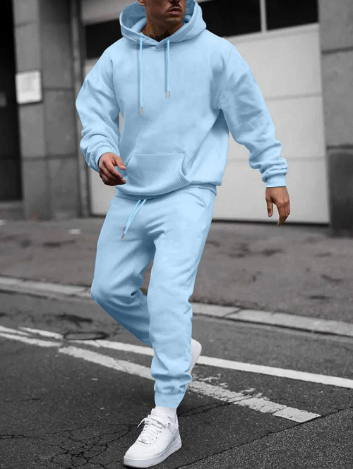 ZAFUL Men's Men's Matching Sweatsuit Co Ord Solid Color Fleece Lining Essentials Pullover Hoodie and Casual Sweatpants Set Blue