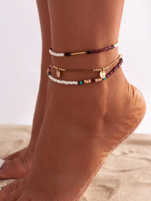 Fashion Women Women's 3 PC Boho Beading Metal Beach Vacation Anklet