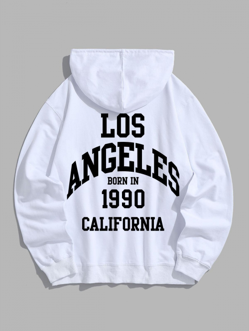 ZAFUL Men's Men's Vintage LOS ANGELES Letter 100% Cotton Kangaroo Pocket Hoodie L White