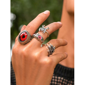 4Pcs Retro Gothic Style Halloween Spider Owl Eye of God Statement Oversized Rings Set for Men and Women