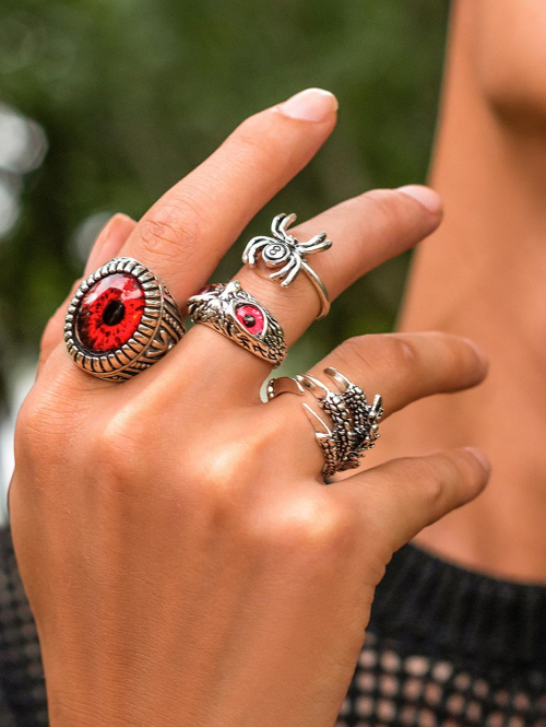 4Pcs Retro Gothic Style Halloween Spider Owl Eye of God Statement Oversized Rings Set for Men and Women