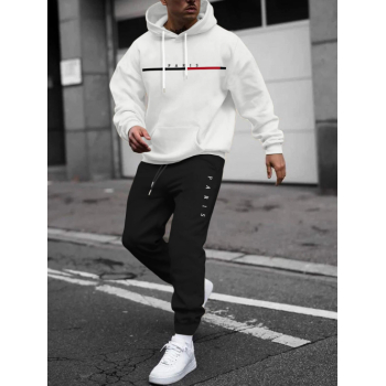 ZAFUL Men's Men's PARIS Letter Pattern Fuzzy Fleece-lined Kangaroo Pocket Design Pullover Hoodie and Drawstring Jogger Sweat Pants Set White