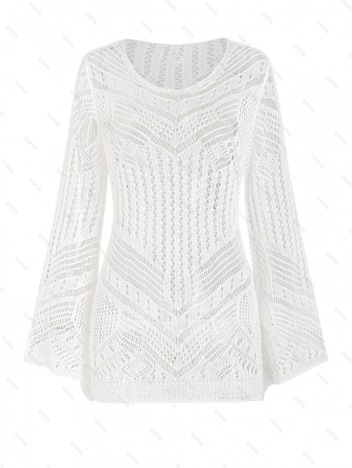 Women's Summer Vacation Crochet Knit Flare Sleeve Cover Up Beach Tunic Mini Dress S White