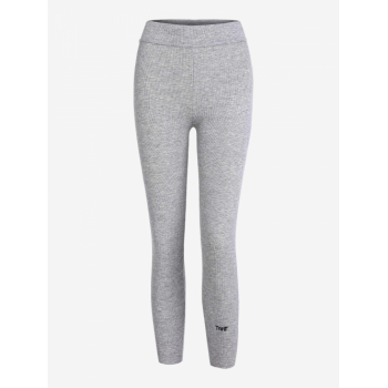 Women Sports Letter Embroidered Ribbed Thermal Lined Leggings L Gray