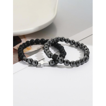 Men's 2Pcs Retro Style Black Gallstone Beading Cross Decor Elastic Bracelets Set