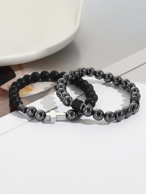 Men's 2Pcs Retro Style Black Gallstone Beading Cross Decor Elastic Bracelets Set