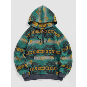 ZAFUL Men's Men's Ethnic Aztec Printed Quarter Zip Woolen Blend Pullover Hoodie L Deep green