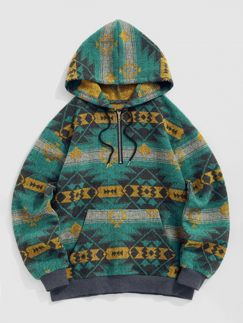 ZAFUL Men's Men's Ethnic Aztec Printed Quarter Zip Woolen Blend Pullover Hoodie L Deep green