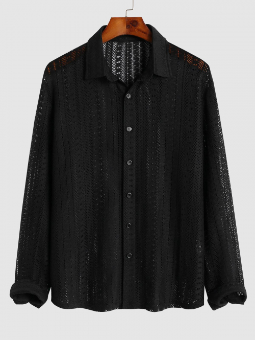 ZAFUL Men's ZAFUL Men's Sexy Party See Thru Lace Solid Color Long Sleeve Button Up Shirt M Black