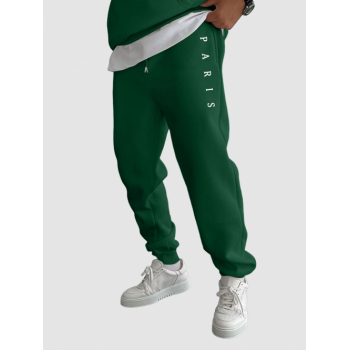 ZAFUL Men's Men's PARIS Pattern Fuzzy Fleece-lined Drawstring Jogger Sweat Pants S Deep green