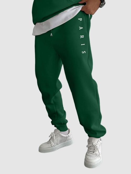 ZAFUL Men's Men's PARIS Pattern Fuzzy Fleece-lined Drawstring Jogger Sweat Pants S Deep green