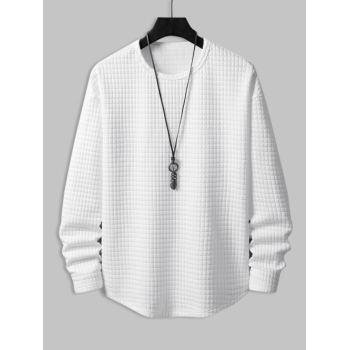 ZAFUL Men's Minimalist Style Checkered Jacquard Textured Round Neck Long Sleeves T-shirt M White