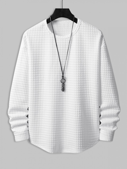 ZAFUL Men's Minimalist Style Checkered Jacquard Textured Round Neck Long Sleeves T-shirt L White