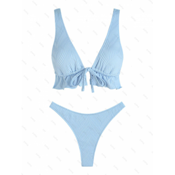 ZAFUL Women's Sexy Solid Color Matching Co Ord Two Piece Swimwear Textured Ruffle Plunging Tie Backless Thong Bikini Set M Light blue