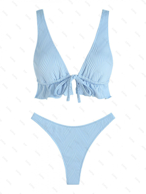 ZAFUL Women's Sexy Solid Color Matching Co Ord Two Piece Swimwear Textured Ruffle Plunging Tie Backless Thong Bikini Set M Light blue