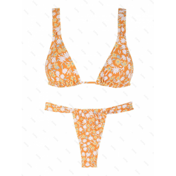 ZAFUL Women's Ditsy Floral Triangle Tied Plunging Neck Loincloth Bikini Set Matching Two Piece Swimwear M Orange