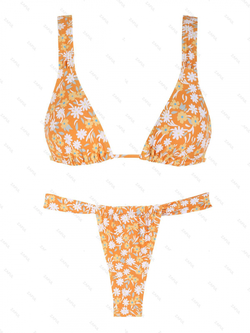 ZAFUL Women's Ditsy Floral Triangle Tied Plunging Neck Loincloth Bikini Set Matching Two Piece Swimwear M Orange