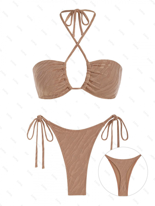 ZAFUL Women's Sexy Solid Color Textured Criss Cross Halter Tie Side Thong String Bikini Set Matching Two Piece Swimwear S Coffee