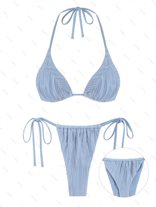 ZAFUL Women's Halter Neck Textured Triangle String Thong Bikini Two Piece Set Swimwear L Light blue