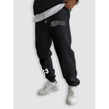 ZAFUL Men's Men's Chicago Letter Printed Fleece-lined Ribbed Beam Feet Drawstring Jogger Pants L Black