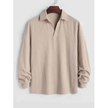 ZAFUL Men's ZAFUL Men's Solid Color Linen Textured V Notched Turn Down Collar Long Sleeve Pullover Shirt M Light coffee