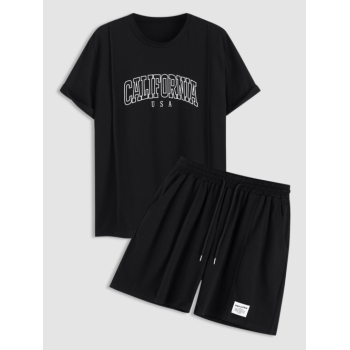 ZAFUL Men's ZAFUL Men's CALIFORNIA Letter Printed College Style Short Sleeves Crew Neck T-shirt and Drawstring Shorts Set M Black