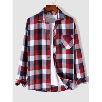 ZAFUL Men's Men's Casual Colorblock Plaid Pattern Button Up Front Pocket Design Long Sleeves Shirt M Red