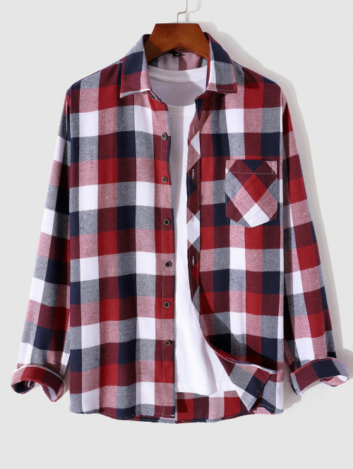 ZAFUL Men's Men's Casual Colorblock Plaid Pattern Button Up Front Pocket Design Long Sleeves Shirt M Red