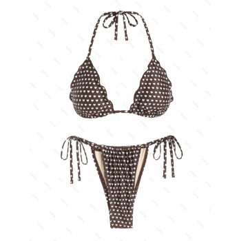 ZAFUL Women's Heart Pattern Ruffle Halter Tie Triangle String Loincloth Bikini Set Matching Two Piece Swimwear M Coffee